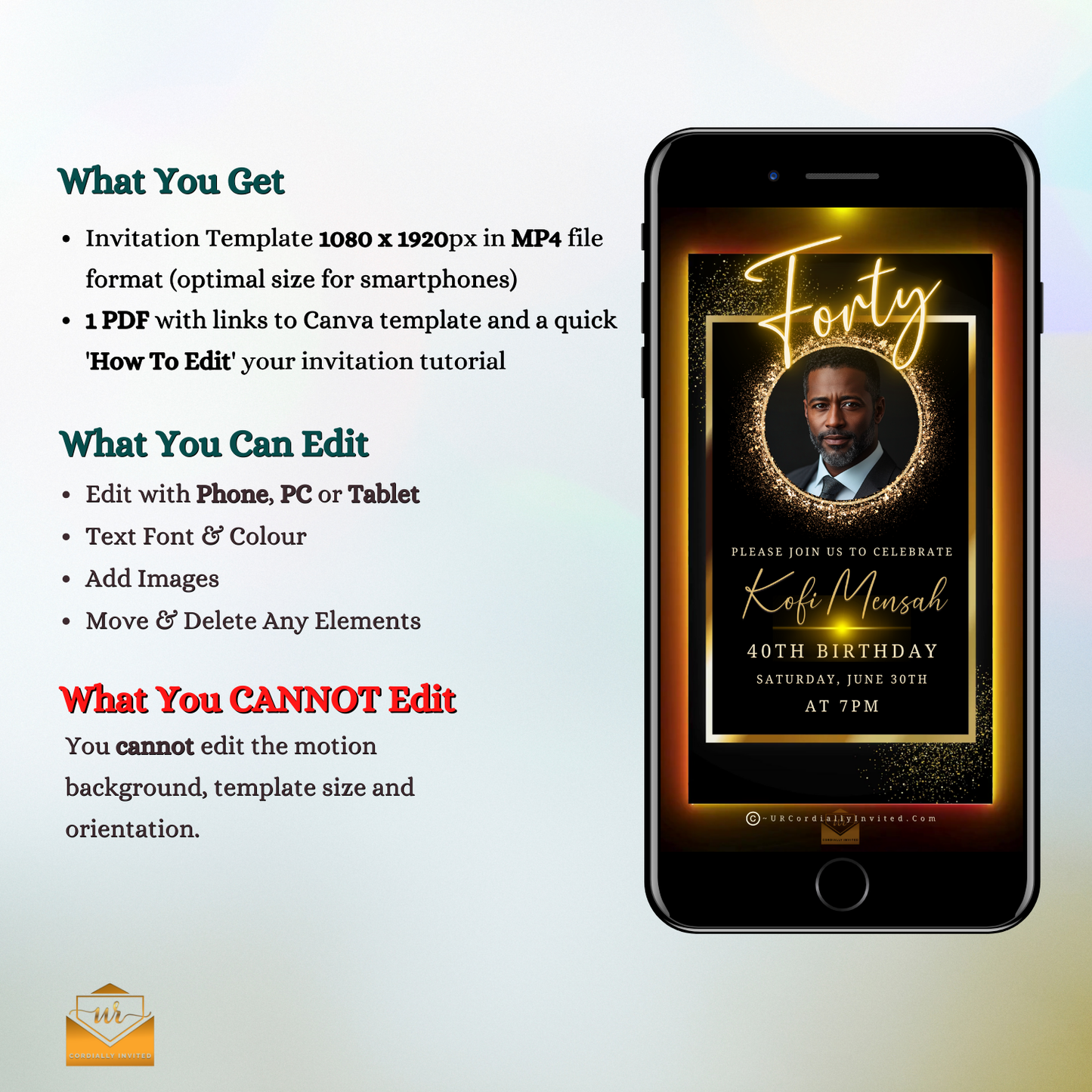 Elegant Animated Men’s 40th Birthday Video Invitation displayed on a smartphone screen, featuring a customizable oval photo frame with a man in a suit.