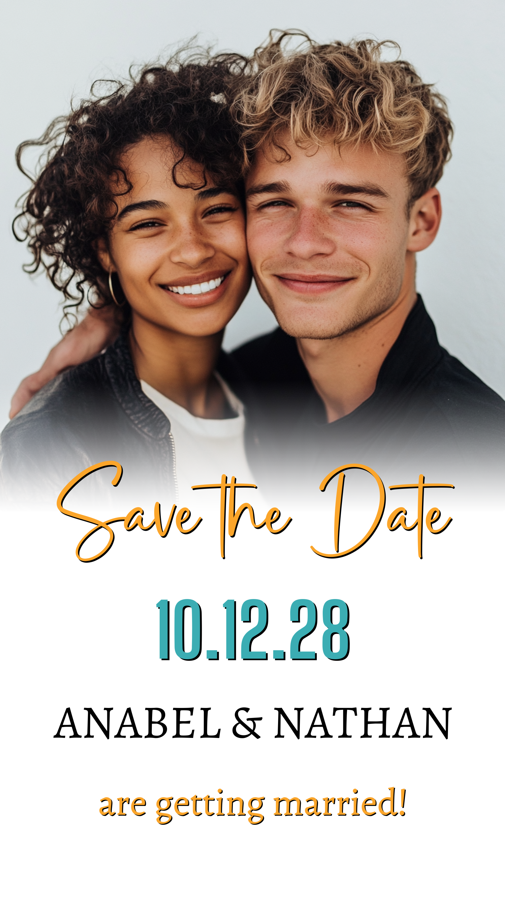 Animated Tropical Destination Save the Date Video Invitation featuring a smiling couple, ideal for beachside weddings, customizable with Canva.