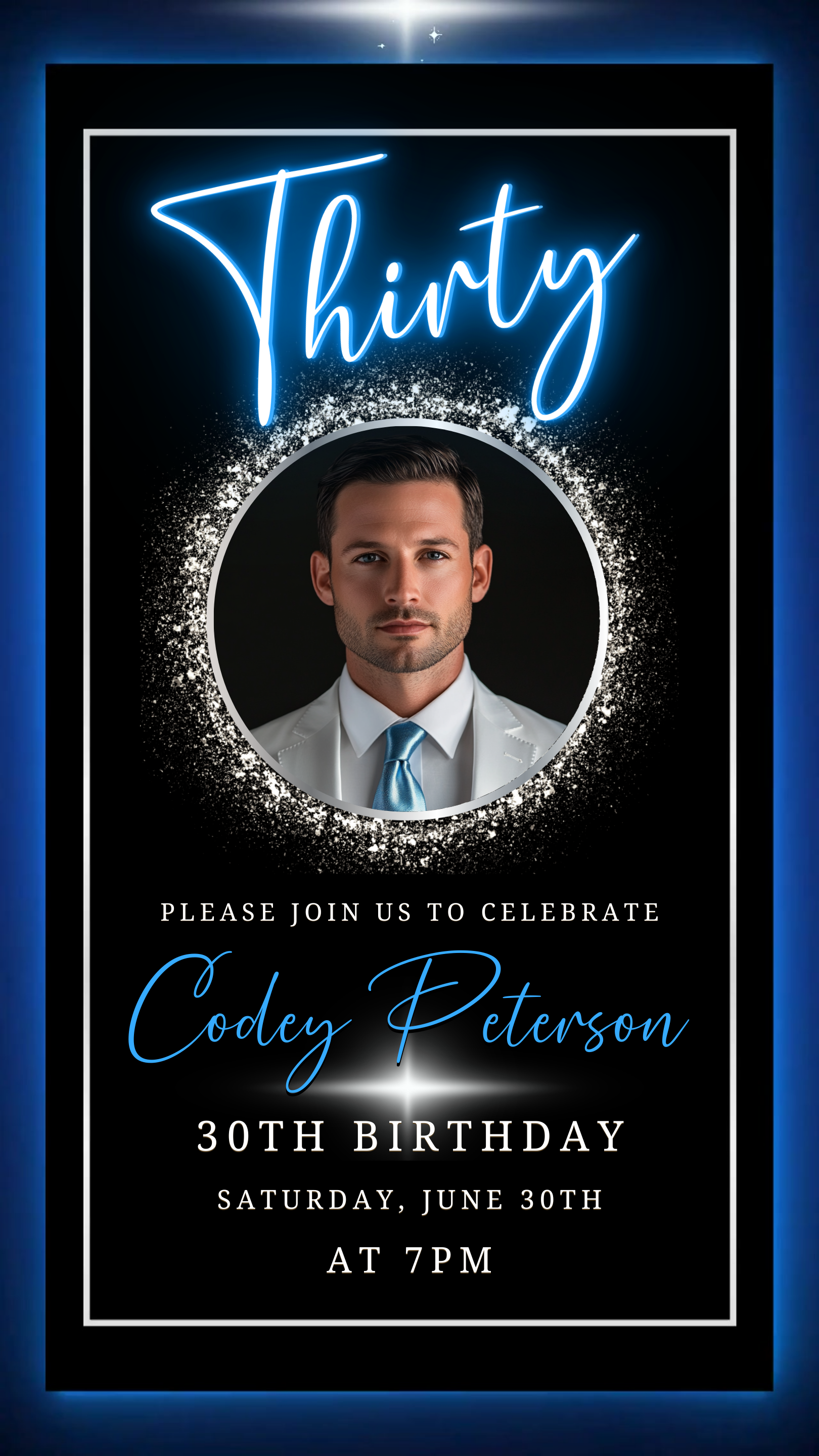 Man in a white suit featured in a Blue & Silver 30th Birthday Video Invitation for men, with a sleek, modern neon design.