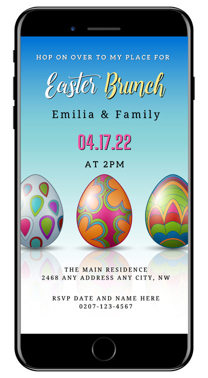 Editable Retro Colourful Easter Eggs Brunch Party Evite displayed on a smartphone screen, customizable via Canva for digital invitations.