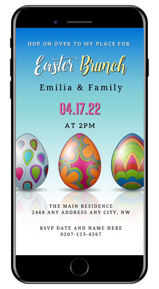 Editable Retro Colourful Easter Eggs Brunch Party Evite displayed on a smartphone screen, customizable via Canva for digital invitations.