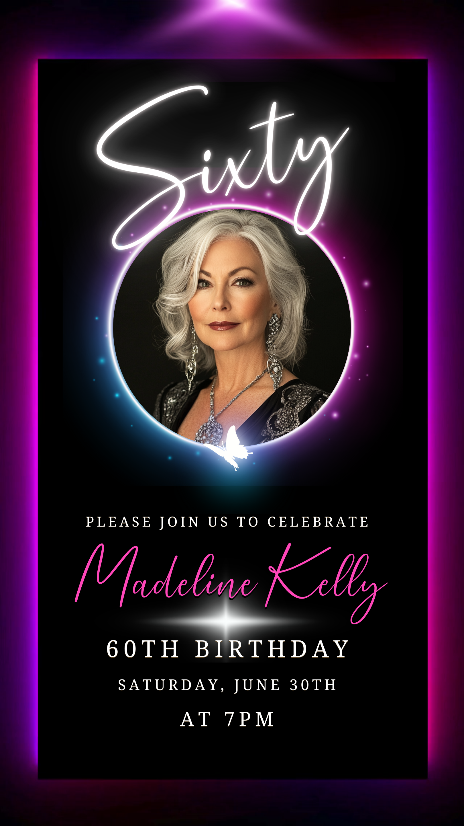 60th Birthday Video Invitation featuring a woman with grey hair in a black dress, encircled by a pink and purple neon frame, emphasizing elegance and celebration.