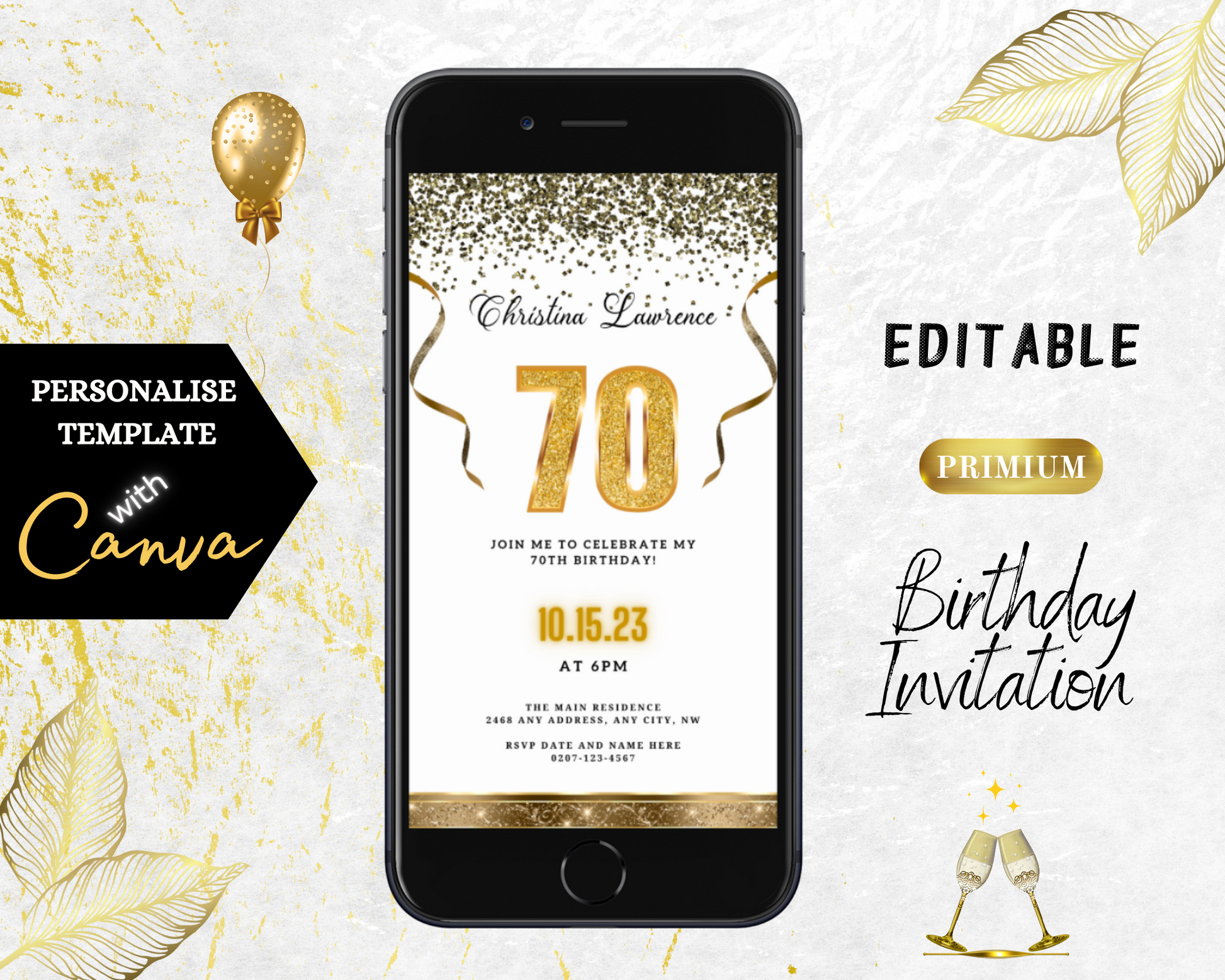 Customizable Digital White Gold Confetti 70th Birthday Evite displayed on a smartphone with gold elements and celebratory details, ready for personalization and digital sharing.