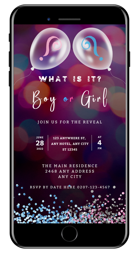 Customisable Gender Reveal Evite with balloons displayed on a smartphone screen, featuring a pink and blue bokeh background.