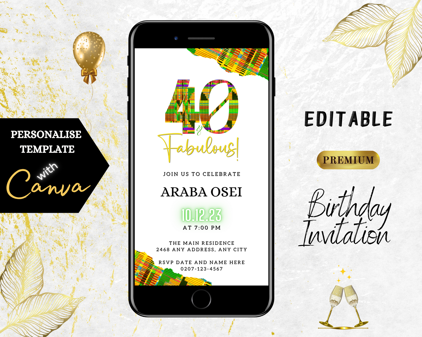 Cell phone displaying a White Green Yellow Kente | 40 & Fabulous Party Evite with editable text via Canva.