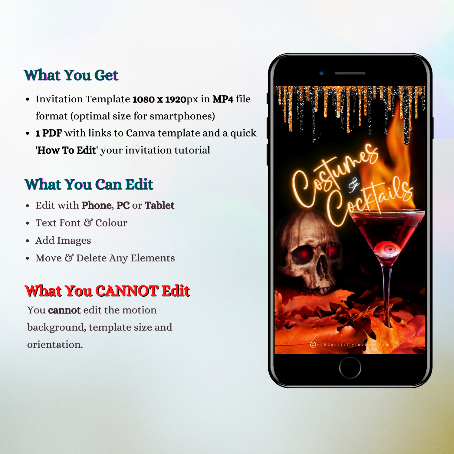 Electrifying Skull Halloween Party Video Invitation displayed on a cell phone screen, featuring an animated skull with red eyes and a spooky drink.