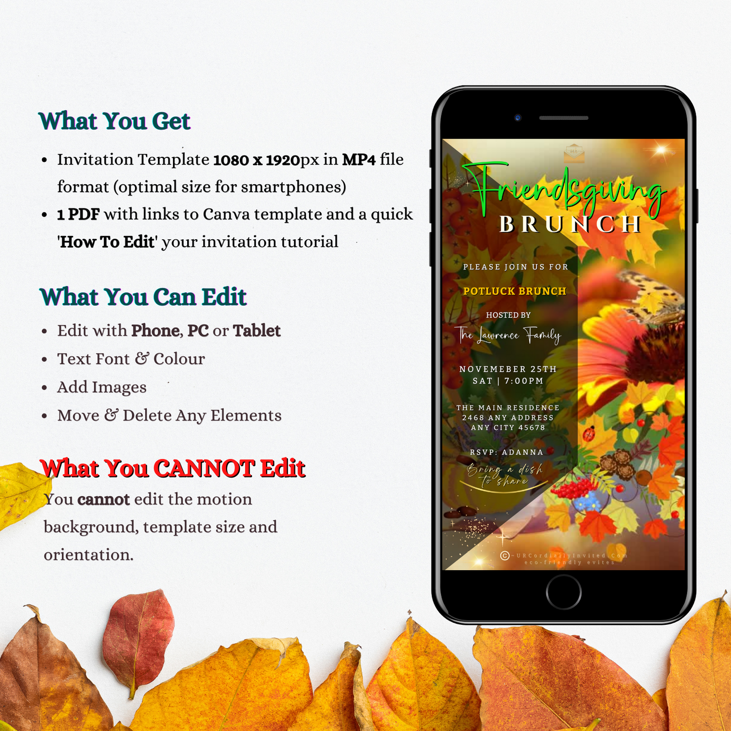 Friendsgiving Butterfly Potluck Video Invitation displayed on a smartphone screen, surrounded by autumn leaves, illustrating an elegant and customizable digital invite for festive gatherings.