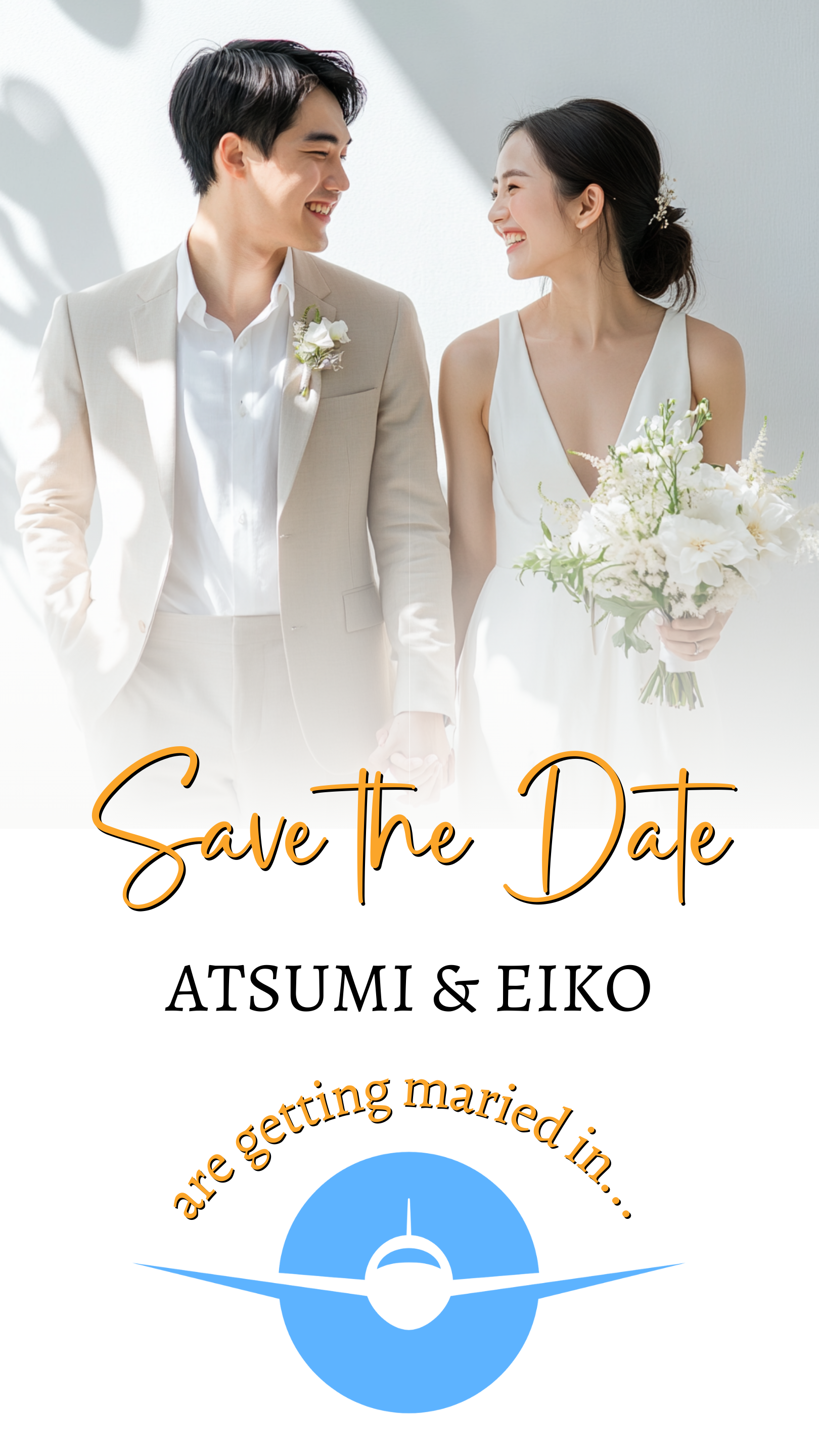 Couple holding flowers, representing the Tropical Destination Wedding Save the Date Video Invitation, customizable via Canva for easy sharing on digital platforms.