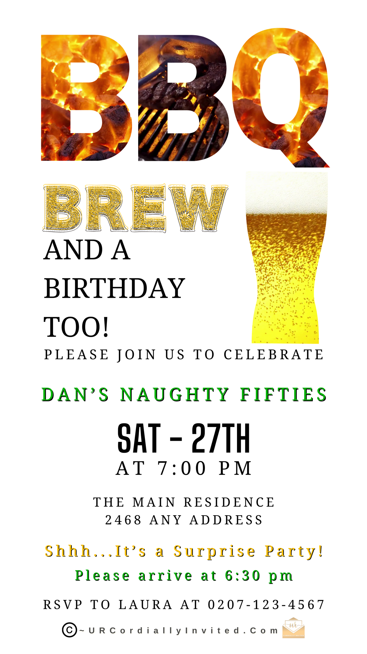 BBQ & Brew Birthday Invitation – Editable Canva Template featuring a beer glass, grill elements, and customizable text for a digital video party invite.