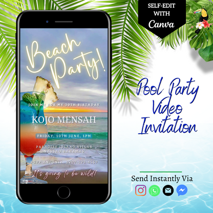 Customizable Beach Ocean Sound Party Video Invitation displayed on a smartphone screen, editable via Canva for personalized event details.