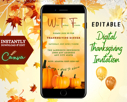 Golden Bokeh Pumpkin Thanksgiving Evite template on a smartphone screen with pumpkins and leaves, customizable via Canva for digital invitations.