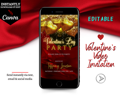 Smartphone displaying a customizable digital Valentine's party invite with red silk, neon, and gold heart balloons. Editable using Canva for personal events.