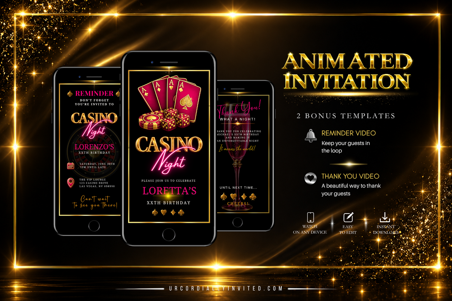 Casino Night Fuchsia Pink & Gold Animated Invitation Suite