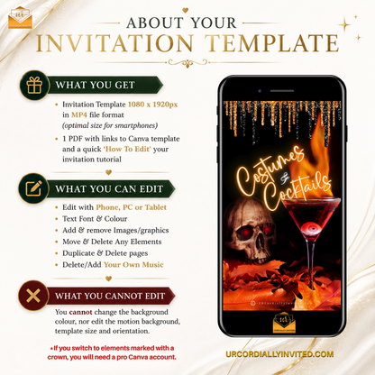 Animated Halloween invitation featuring spooky costumes and cocktails with dark purple, black, and orange accents.