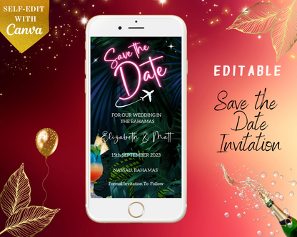 Editable Digital Neon Pink Destination | Save The Date Evite displayed on a white smartphone screen with a pink neon sign.
