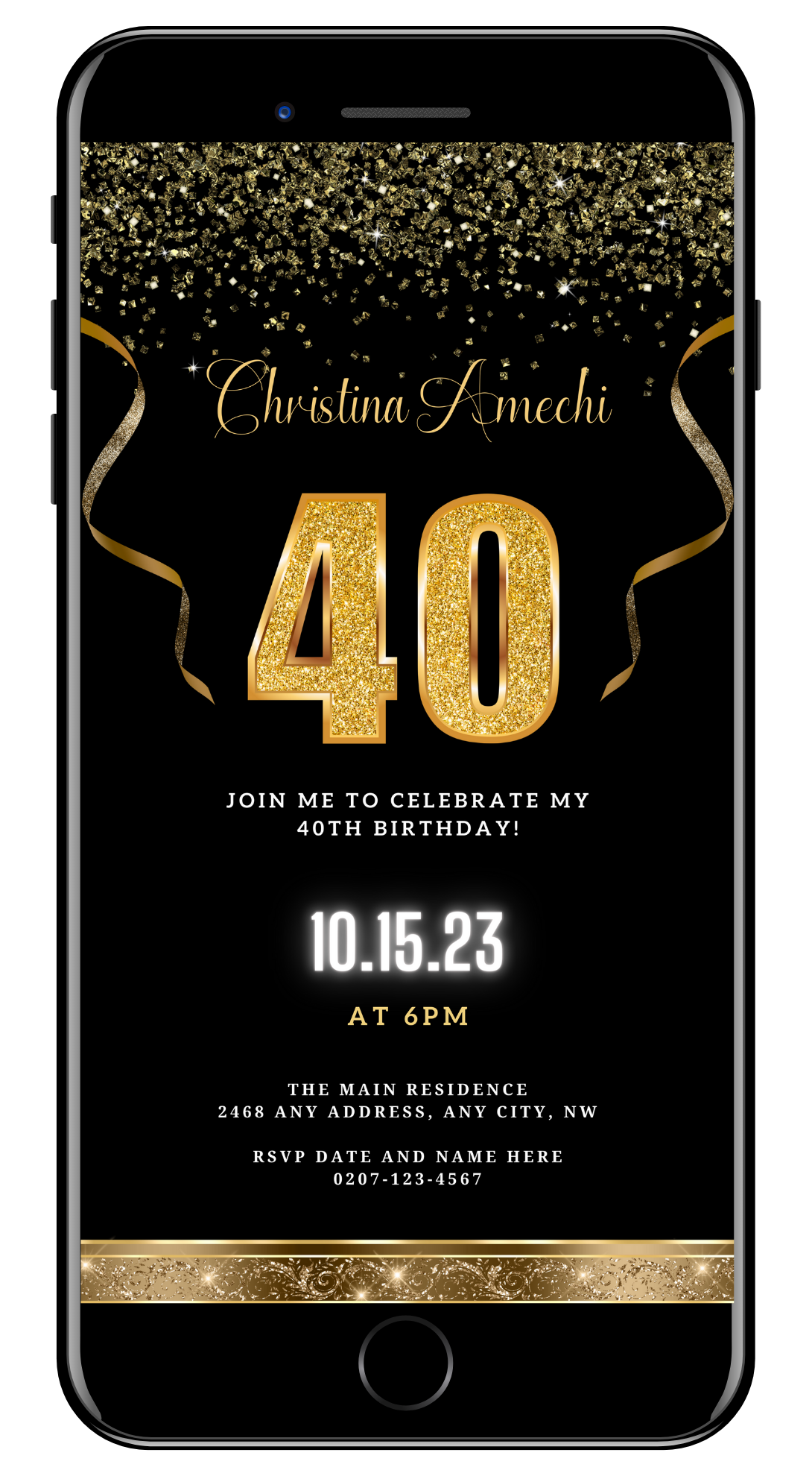 Black Gold Confetti 40th Birthday Evite, customizable digital invitation template featuring gold confetti and text on a black background, editable via Canva for smartphones.