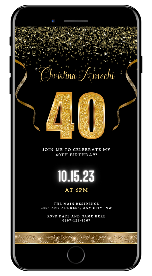 Black Gold Confetti 40th Birthday Evite, customizable digital invitation template featuring gold confetti and text on a black background, editable via Canva for smartphones.