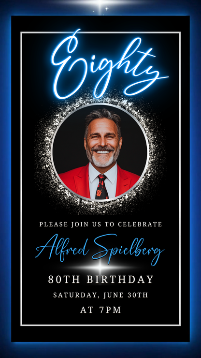 Man in a red suit smiling, representing the Blue & Silver 70th Birthday Video Invitation from URCordiallyInvited, featuring customizable elements via Canva for elegant celebrations.