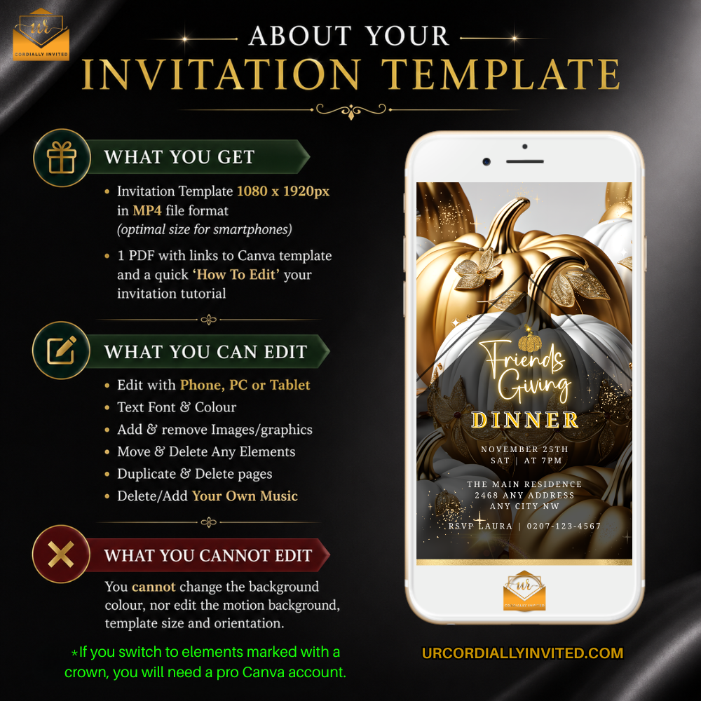 Phone screen shows animated Friendsgiving dinner invite with gold pumpkin, autumn leaves, and brown-orange colors.