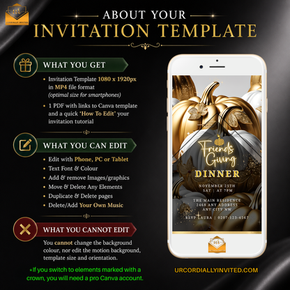 Phone screen shows animated Friendsgiving dinner invite with gold pumpkin, autumn leaves, and brown-orange colors.
