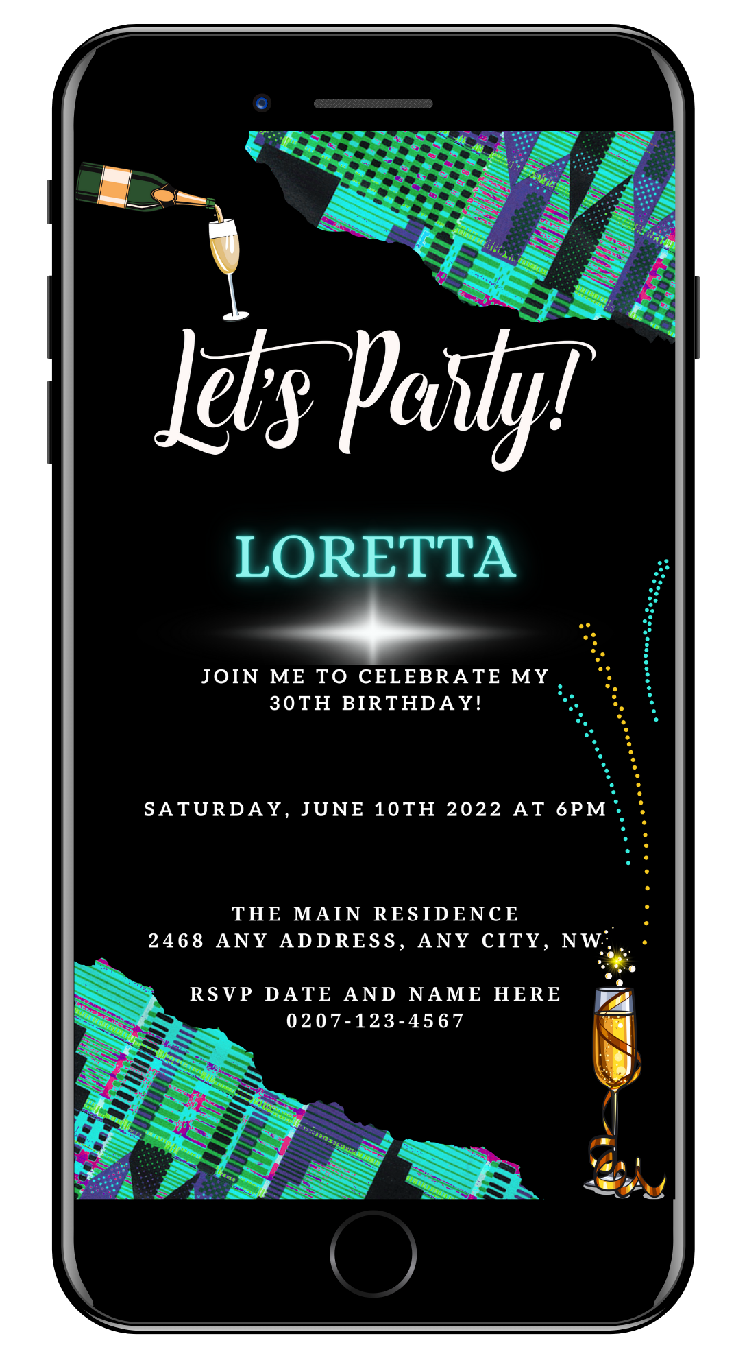 Teal Black African Kente customizable digital party invite with city fireworks and champagne, editable via Canva for smartphones.