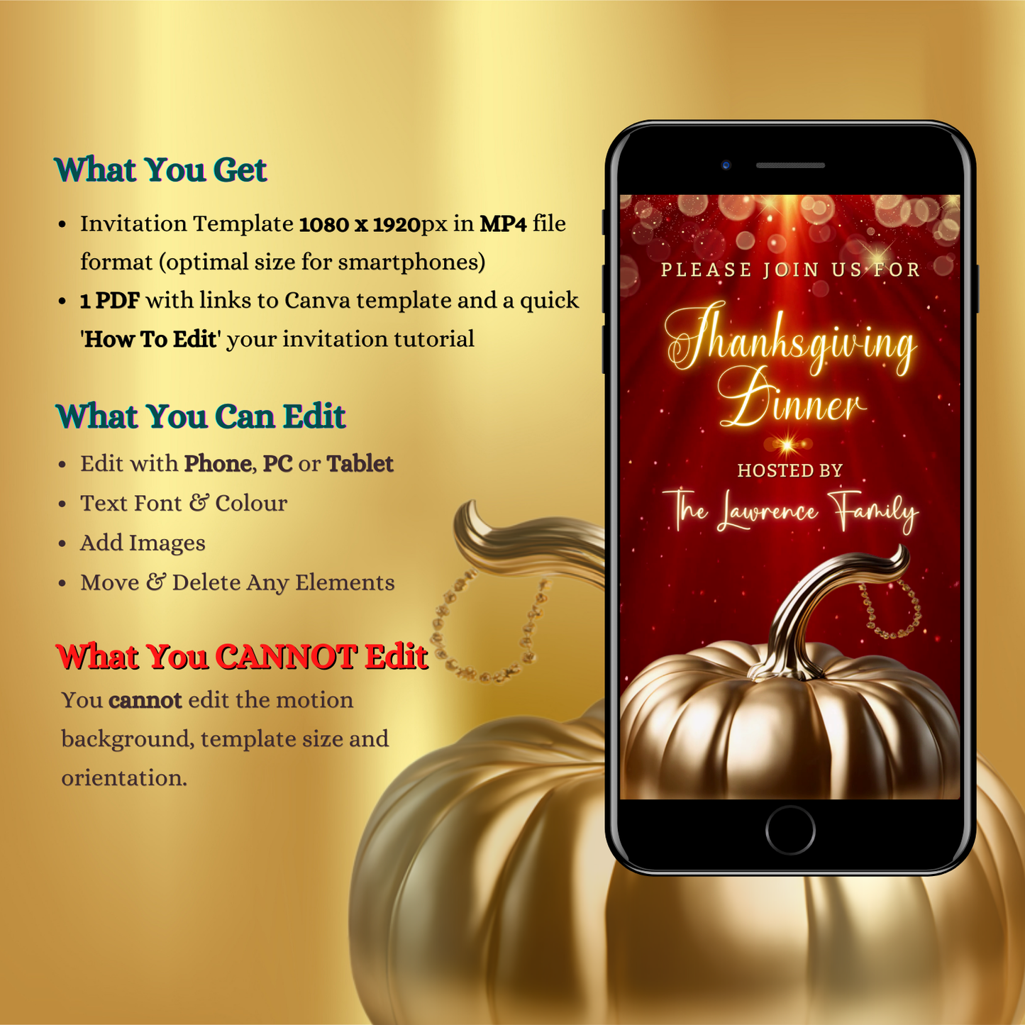 Red Gold Pumpkin Glitter Thanksgiving Dinner Video Invite featuring a golden pumpkin on a festive burgundy red background with glitter accents.