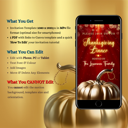 Red Gold Pumpkin Glitter Thanksgiving Dinner Video Invite featuring a golden pumpkin on a festive burgundy red background with glitter accents.