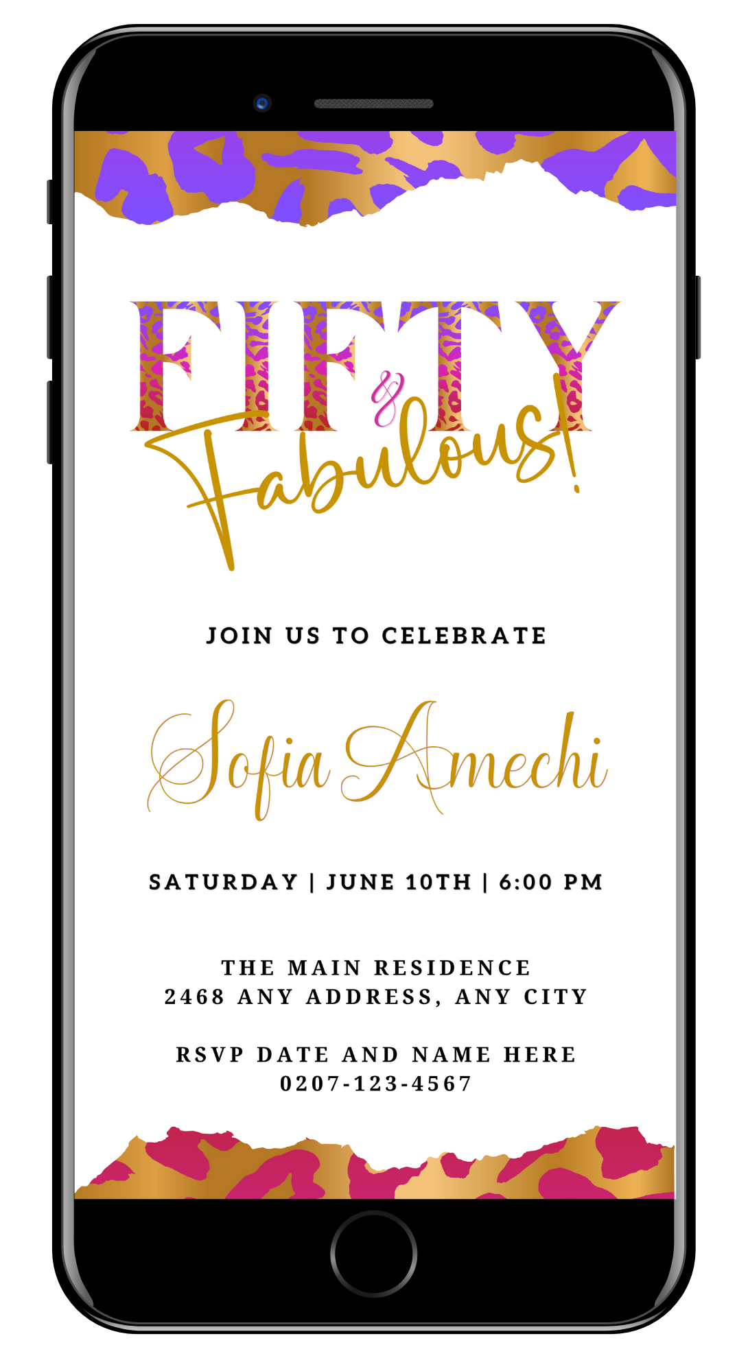 Purple Pink White | Fifty & Fabulous Party Evite displayed on a smartphone screen, featuring customizable text and vibrant design elements.