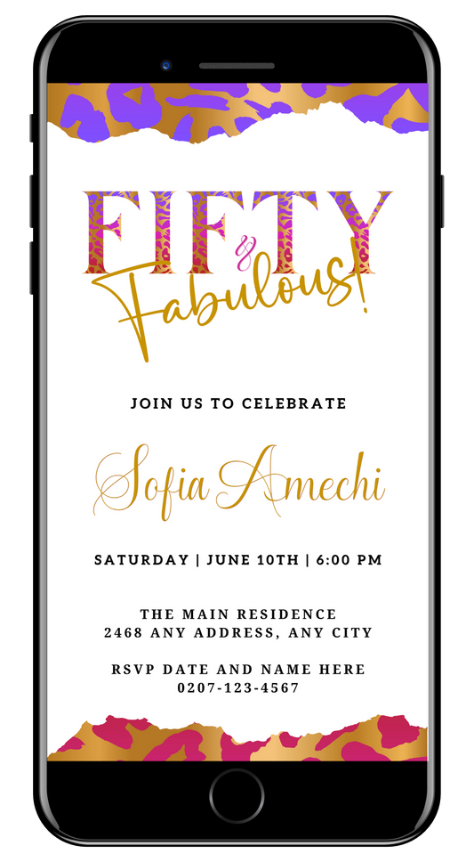 Purple Pink White | Fifty & Fabulous Party Evite displayed on a smartphone screen, featuring customizable text and vibrant design elements.