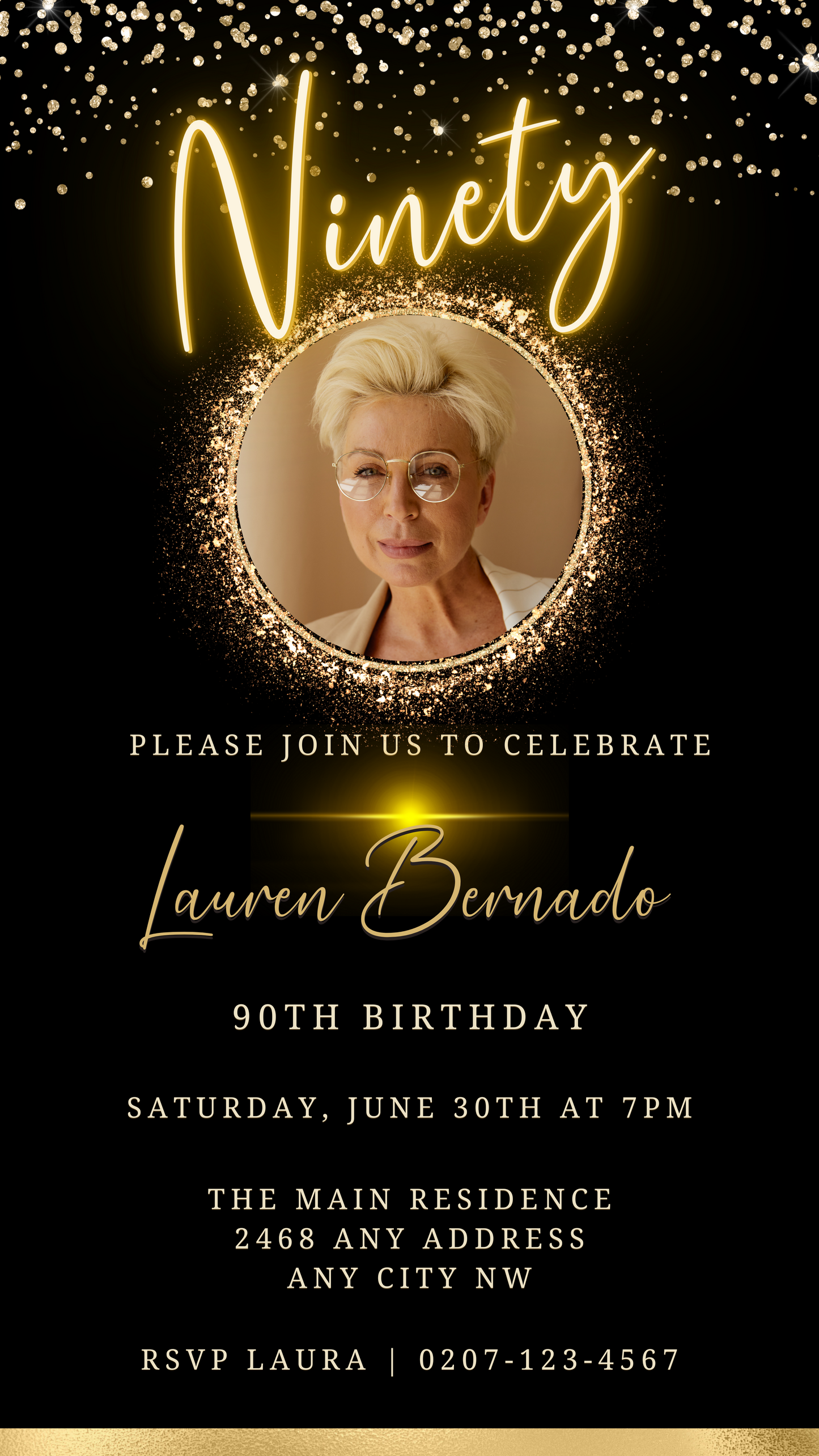 Woman with short blonde hair and glasses in an oval frame for a customisable 90th Birthday Evite, Gold Neon theme. Digital download, editable via Canva.