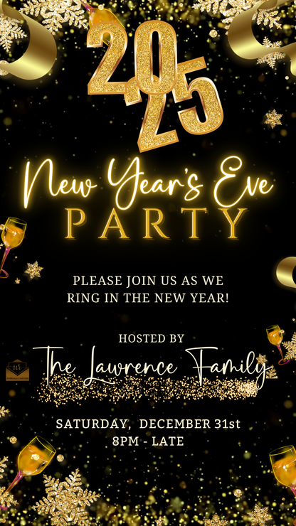 New Year’s Eve Party Sparkling Animated Video Invitation featuring golden decorations, champagne glass, and a customizable black and gold theme for festive celebrations.