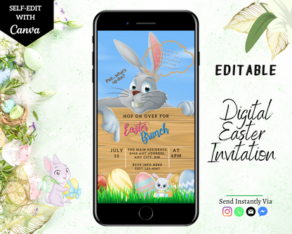 Cell phone displaying a customizable Grey Easter Bunny | Easter Party Evite with a cartoon bunny holding a sign, editable via Canva for digital invitations.