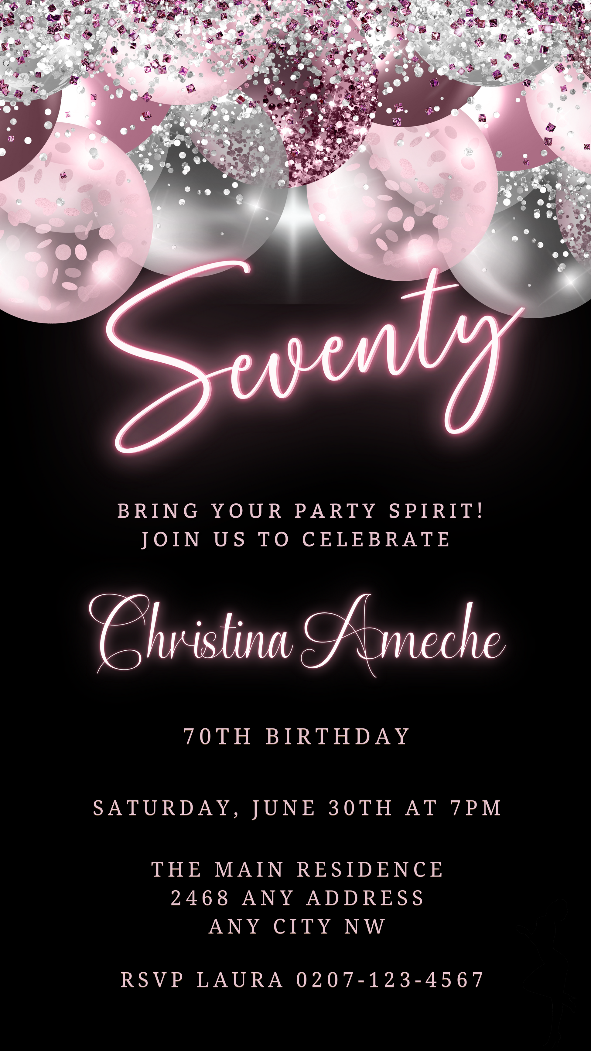 Customisable Mauve Pink Silver Neon 70AF Birthday Evite featuring black and pink design with balloons, editable via Canva for digital sharing.