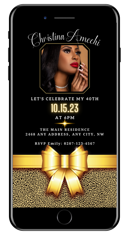 Customizable Digital Black Gold Leopard 40th Birthday Evite featuring a woman's face and a gold bow on a leopard print background, designed for smartphone use.