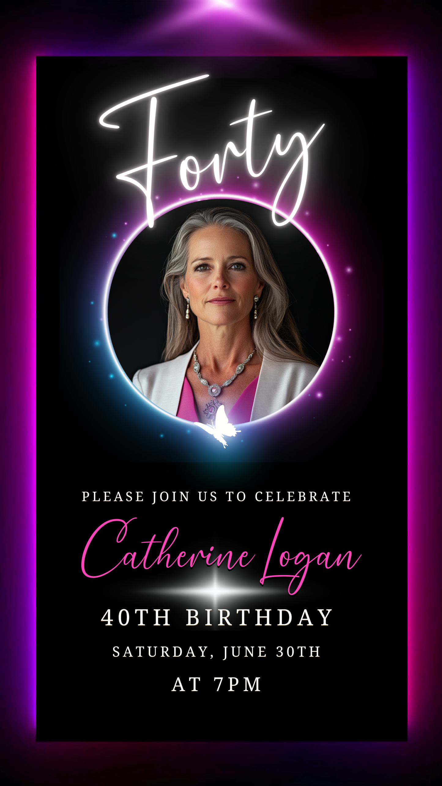 Woman wearing a necklace, within a purple-bordered circle, illustrating the 40th Birthday Video Invitation - Pink & Purple Oval Photo Frame Animated Invite template by URCordiallyInvited.