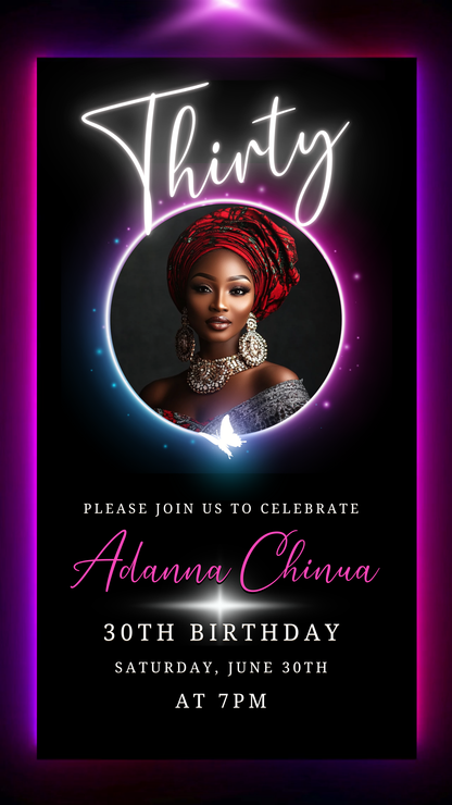 30th Birthday Video Invitation featuring a woman in a head wrap, showcasing an elegant design with a pink and purple oval photo frame.