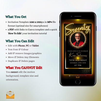 60th Birthday Video Invitation with animated gold oval frame displaying a man in a red suit on a smartphone screen.