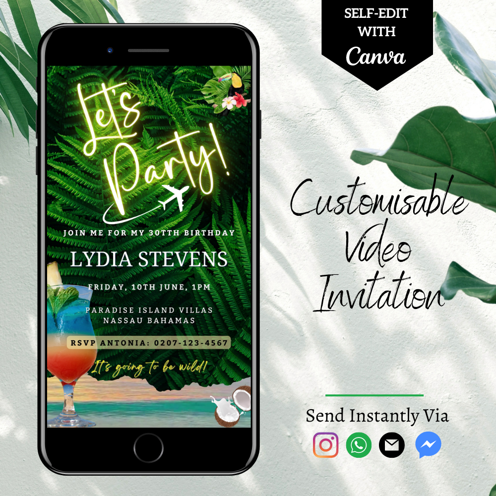 Smartphone displaying a Tropical Ocean Destination Luau Birthday Video Invitation template with a cocktail image, customizable via Canva for digital sharing.