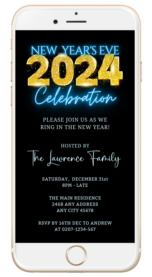 Gold Neon Blue Glow | New Years 2024 Party Evite