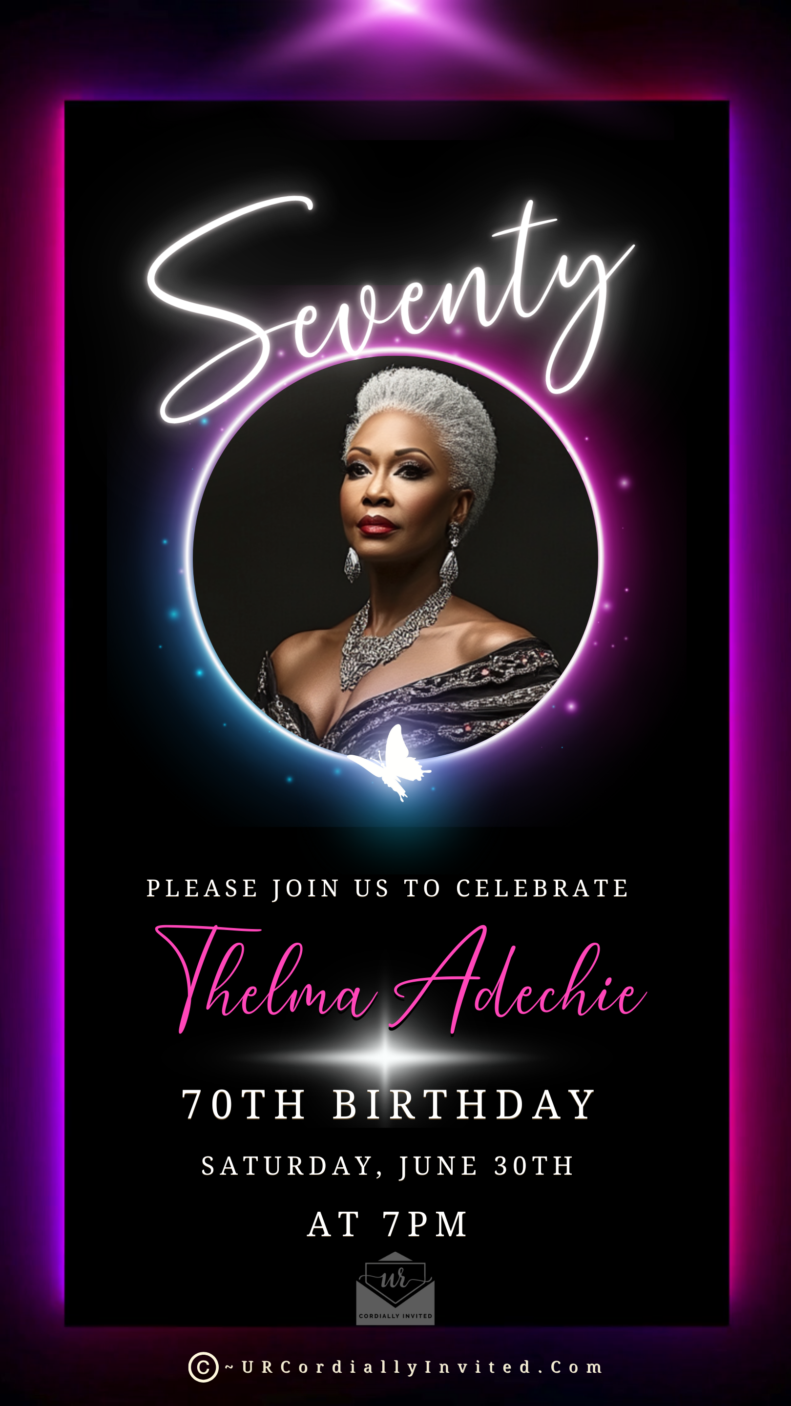 70th Birthday Video Invitation showcasing an elegant pink and purple neon oval frame with a woman's portrait, designed for a sophisticated milestone celebration.