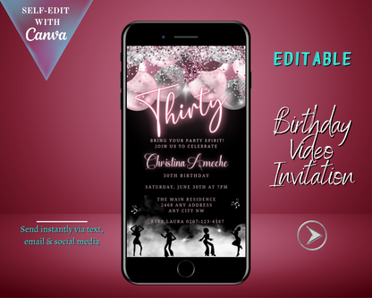 Customisable Mauve Pink Silver Neon 30AF Birthday Video Evite displayed on a smartphone screen, featuring editable text for a personalized invitation.