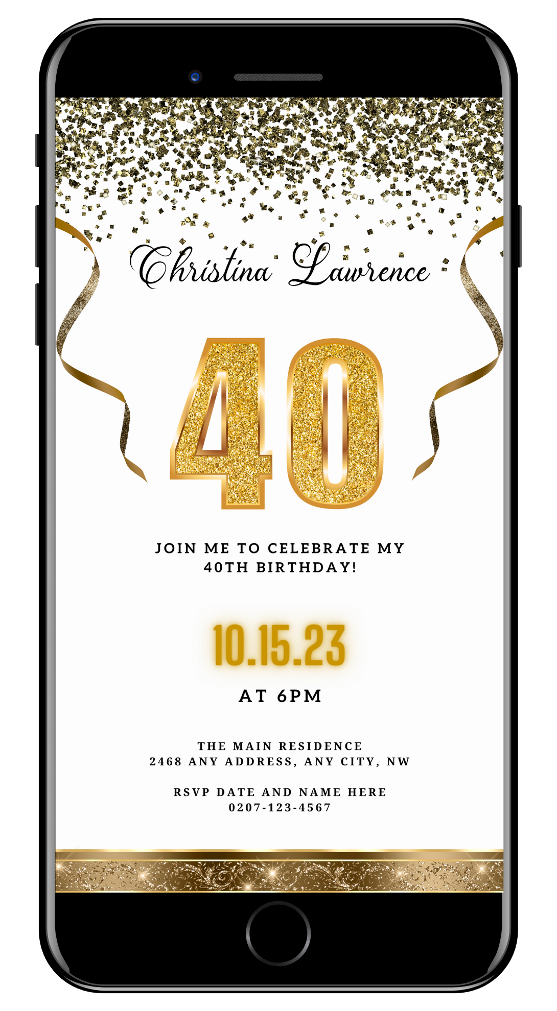 Customizable Digital White Gold Confetti 40th Birthday Evite displayed on a smartphone screen with gold text and ribbons.