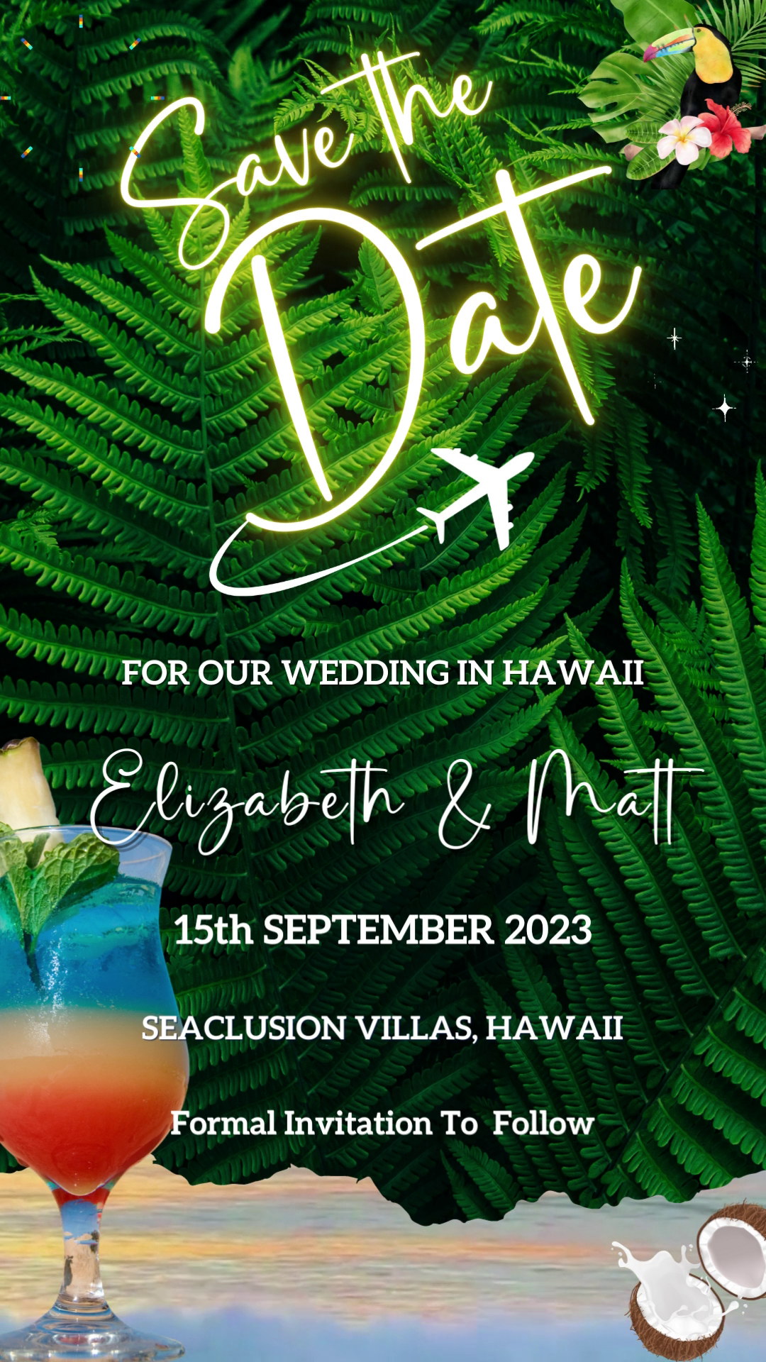 Tropical Beach Destination | Save The Date Video Invitation featuring a blue drink in a glass with green fern leaves, customizable via Canva for digital sharing.