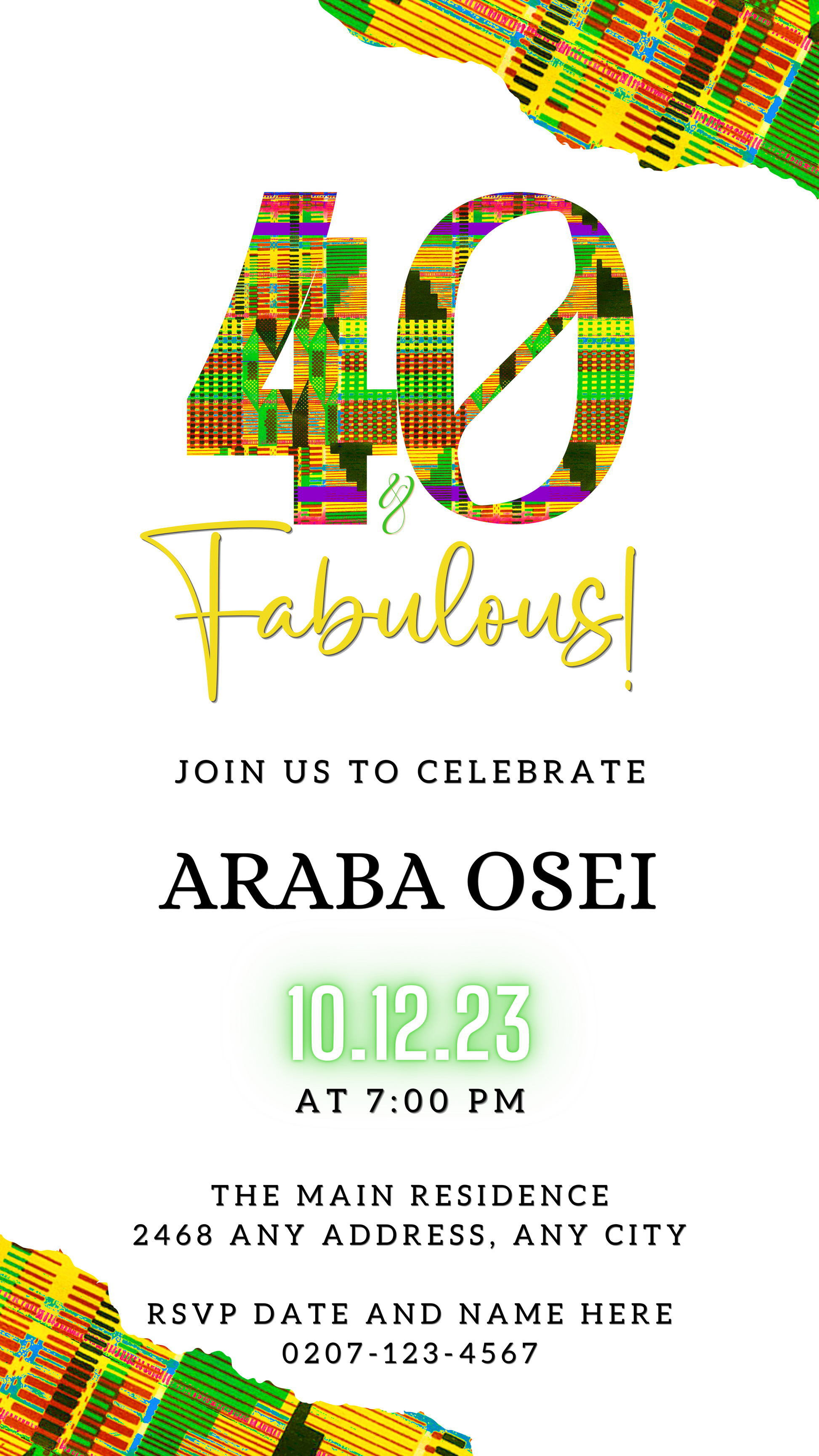 White Green Yellow Kente | 40 & Fabulous Party Evite template featuring customizable text and numbers for digital invitations, editable via Canva for smartphones.