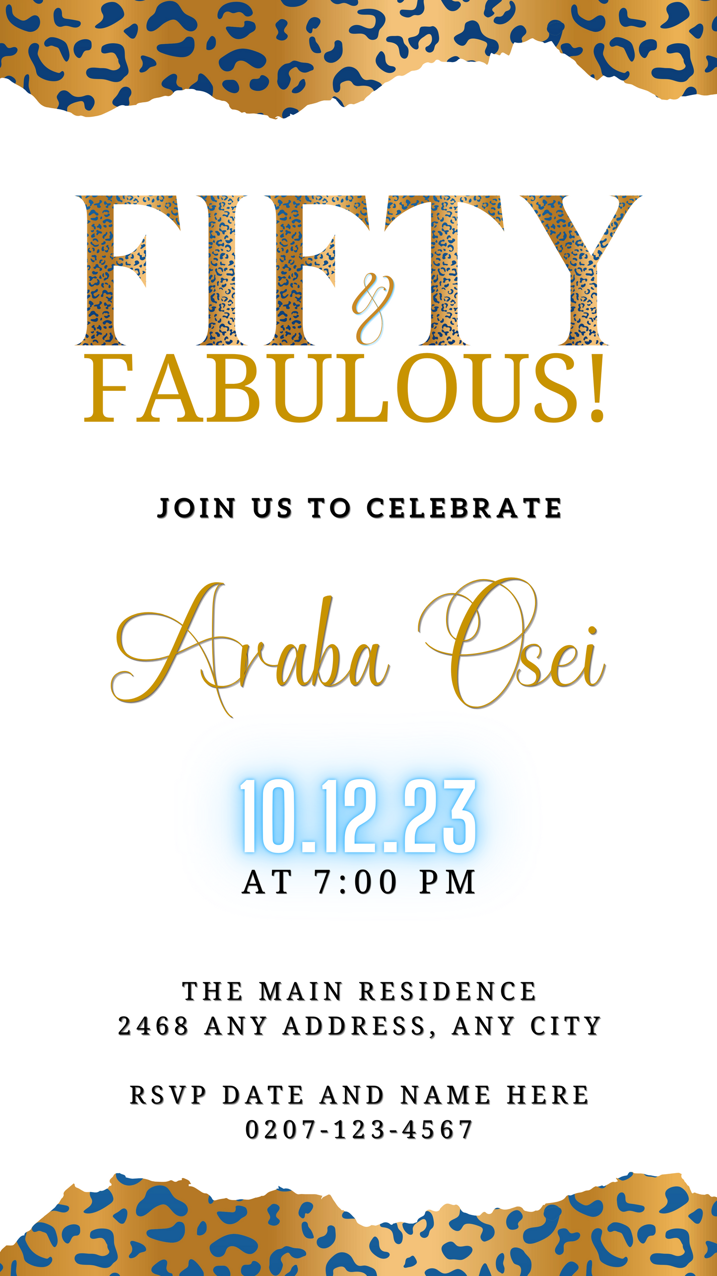 Digital invitation template featuring Neon Gold Blue White Leopard | 50 & Fabulous text, customizable via Canva for smartphone use.