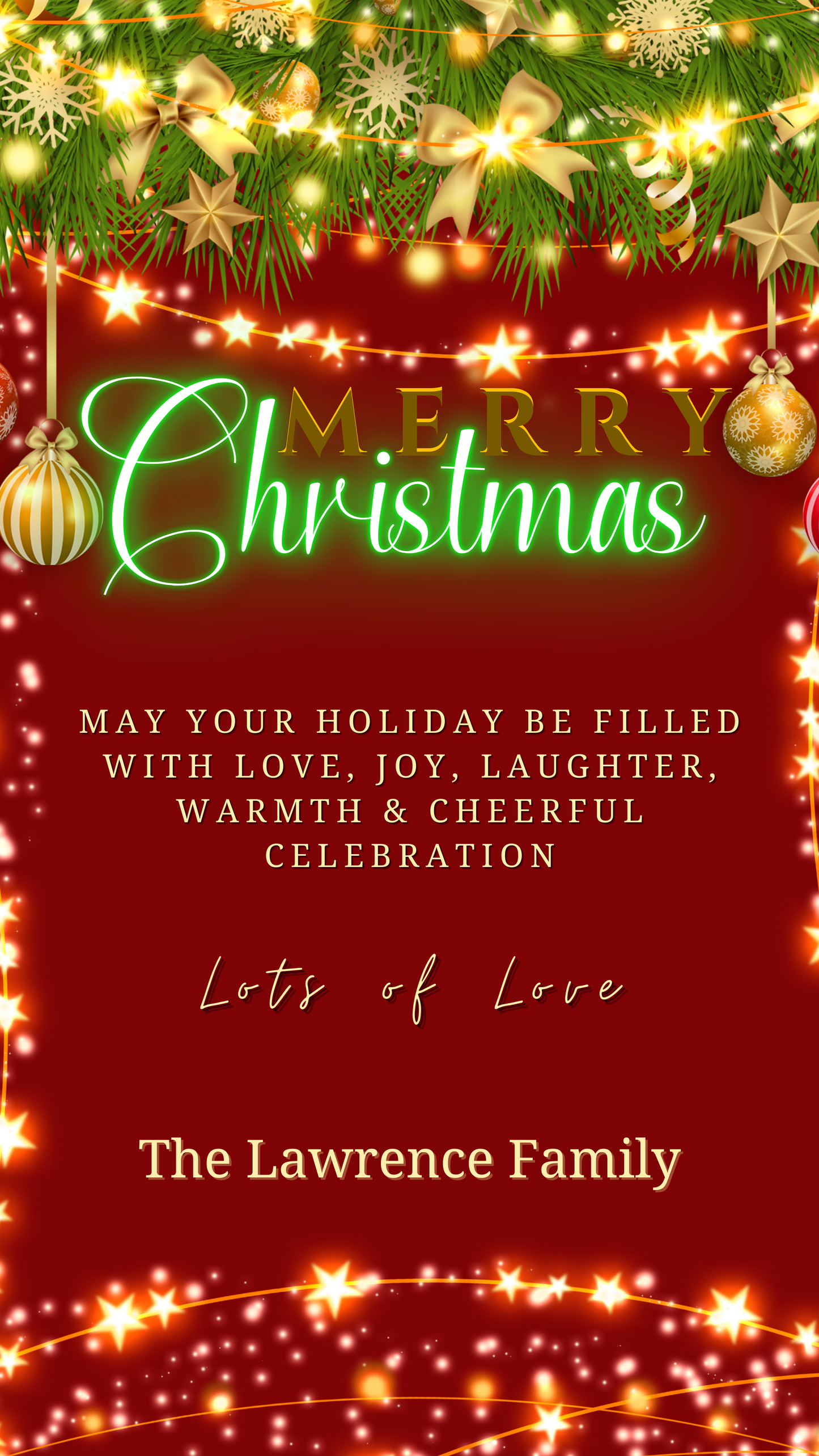 Christmas Lights Green Neon | Merry Christmas Ecard featuring festive decorations and lights, customizable for events via Canva on PC, tablet, or mobile. Downloadable and shareable electronically.