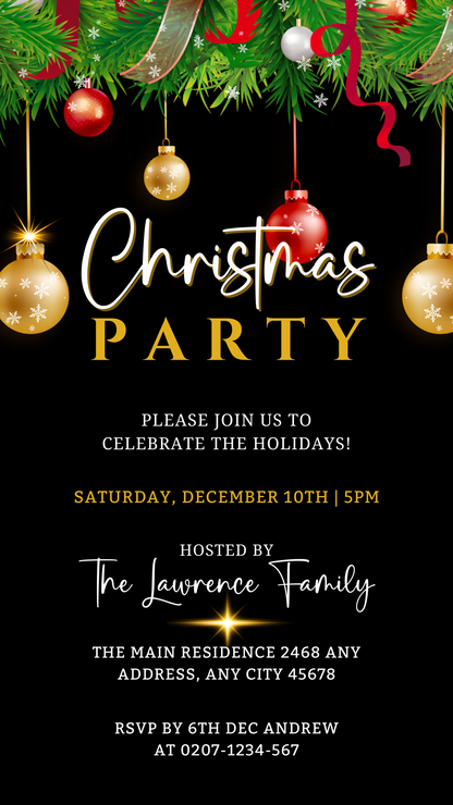 Black and gold Christmas party invitation with ornate gold text, featuring red, white, and gold snowflake ornaments. Editable via Canva for smartphone.