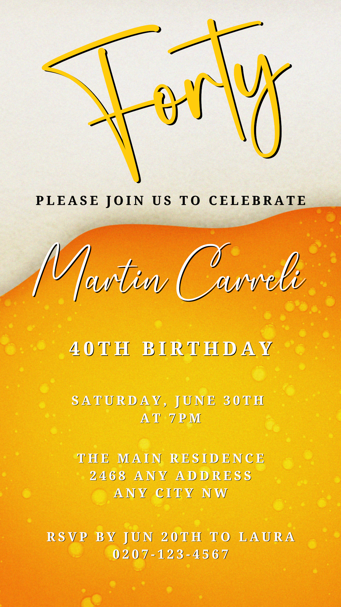 Yellow White Beer Themed 40th Birthday Evite, customizable digital invitation for smartphones with editable text and elements using Canva.