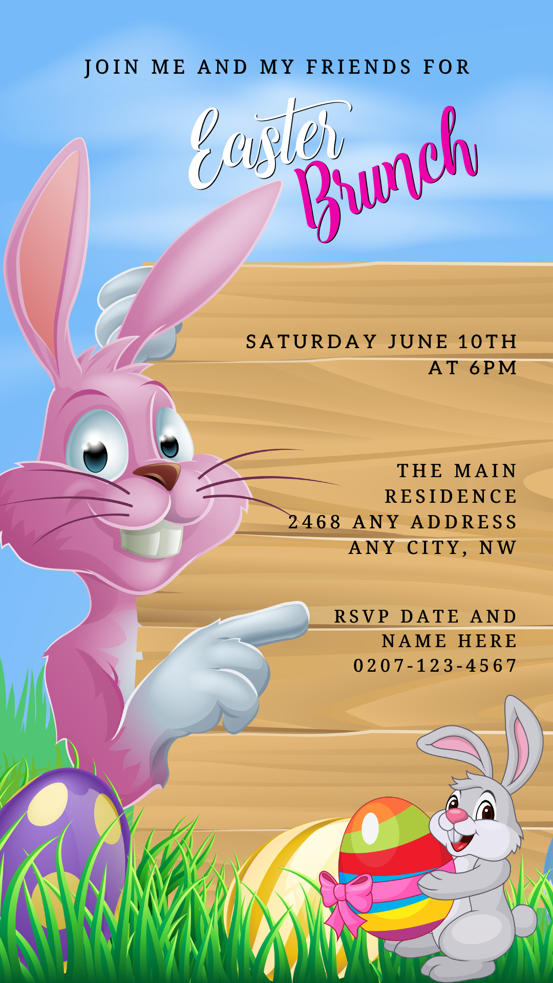 Cartoon bunny pointing at wooden sign with colorful egg, promoting the Pink Easter Bunny & Friends | Easter Brunch Barbeque Evite, customizable via Canva for digital invitations.