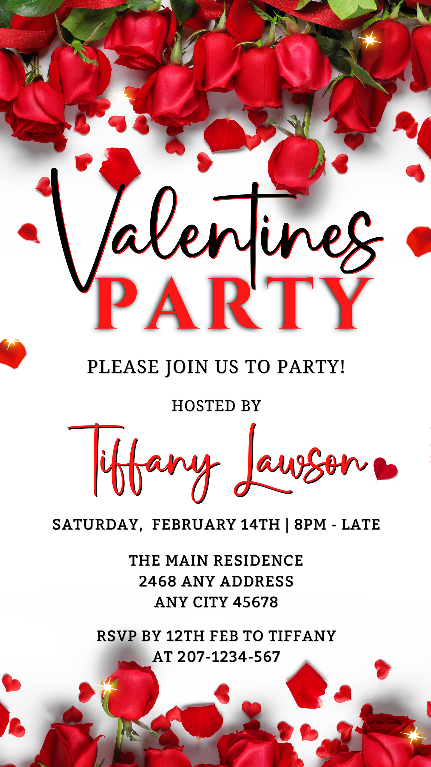 Red Roses Border Themed Valentine's Party Evite with editable text and rose petal design, instantly downloadable for customization via Canva.